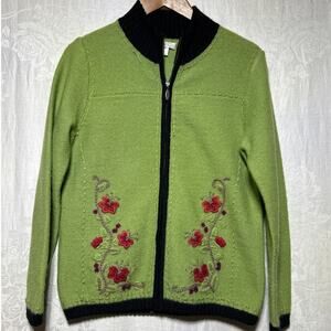 VTG Cardigan Sweater Small Green Black Trim Embroidered Flowers Wool Butterflies